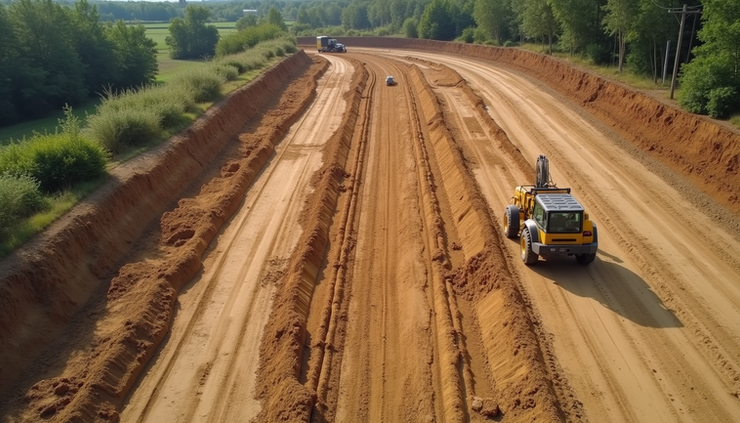 High angle view of graded construction site showing different soil layers and compaction zones