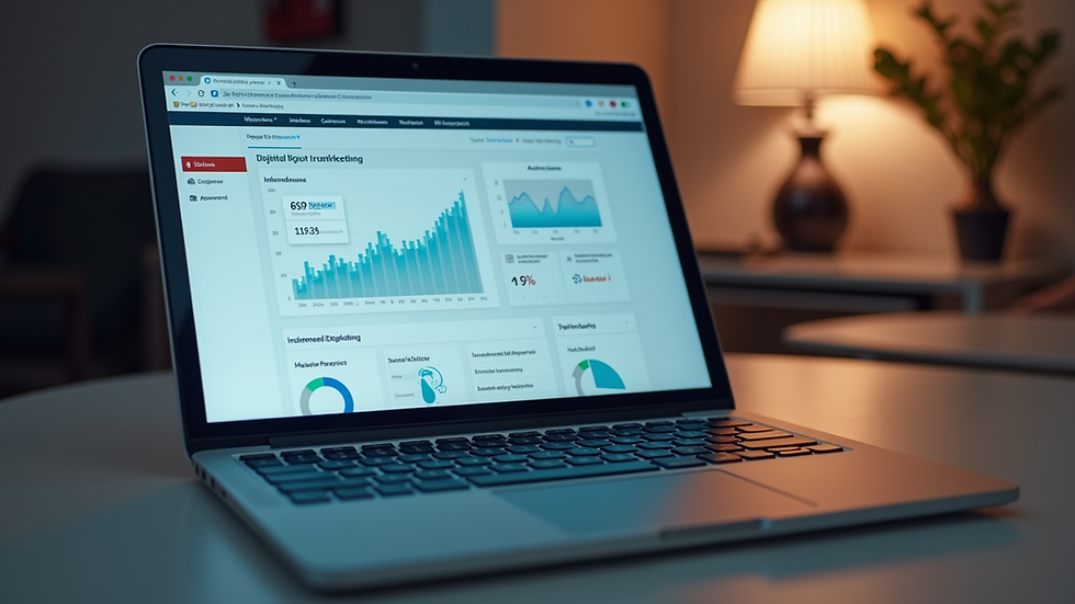 Eye-level view of a laptop displaying a digital marketing dashboard