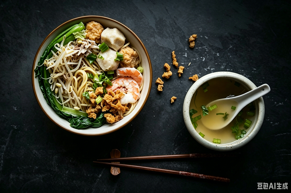 Authentic Medan Mie Hokkien from Sumatra — ingredients cooked separately then tossed, a special Indonesian twist on classic Hokkien noodles loaded with prawns, fish balls, leafy greens and crispy pork crumbs.