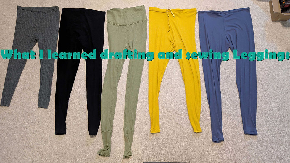 Five pairs of leggings in gray, black, green, yellow, and blue on carpet. Text reads "What I learned drafting and sewing leggings."