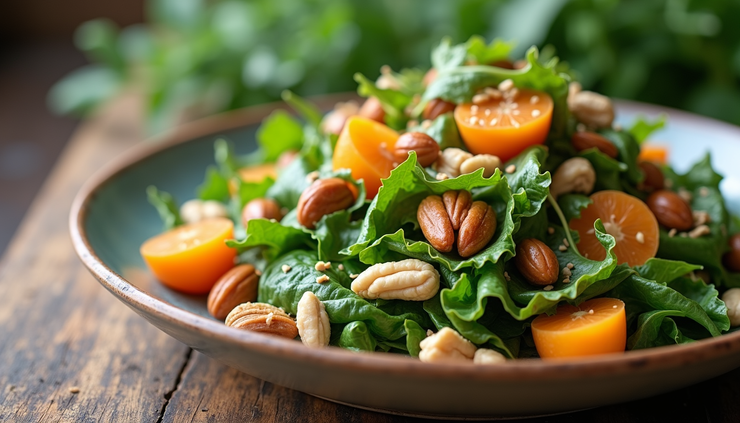 Close-up view of a colorful plate with leafy greens, nuts, and fruits