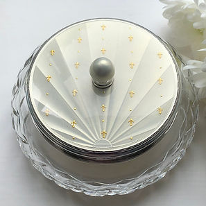A White Enamel And Silver Dressing Table Jar With Gold Fleur de lis.
