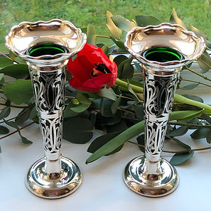 Art Nouveau Style Sterling Silver Vases With Green Glass Liners Birmingham 1913.
