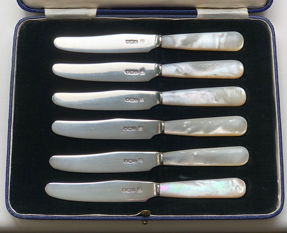Thumbnail: A Set Of Six Silver And Mother Of Pearl Tea Knives.