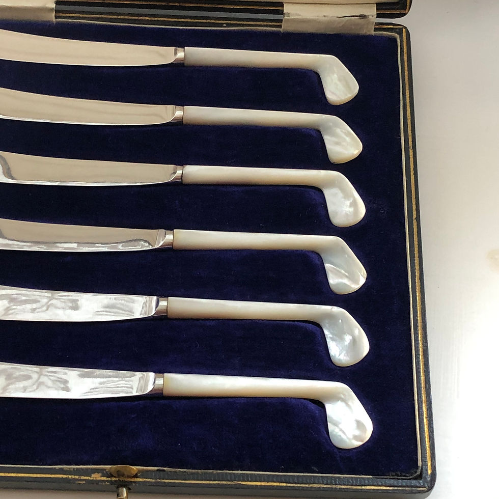 Thumbnail: Set Of Silver Plated Tea Knives, Pearl Handles In The Form Of Golf Clubs.