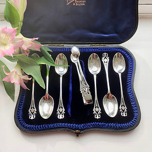 Large Size Sterling Silver Tea Spoons and Tongs London 1905