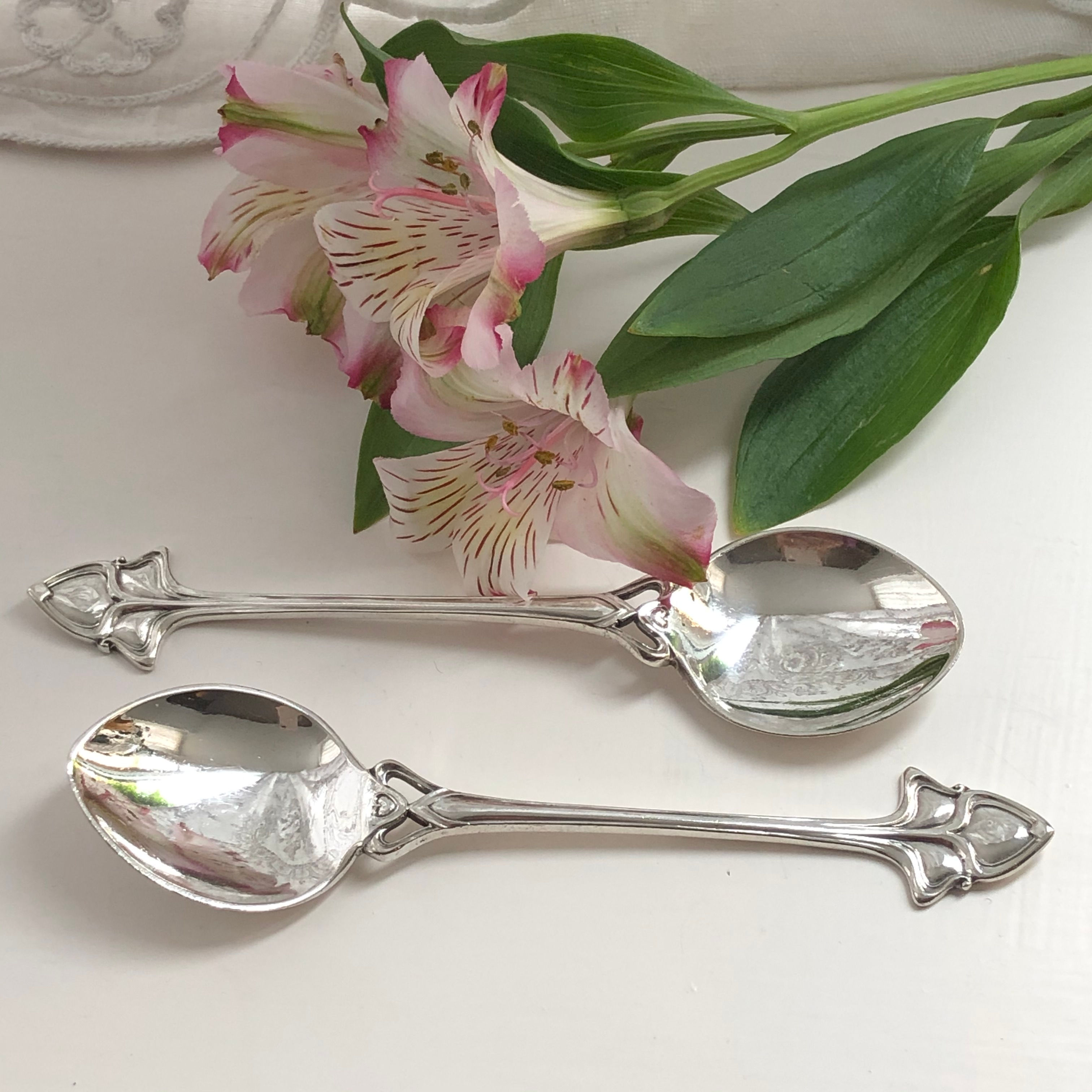 A Pair Of Art Nouveau Style Silver Plated Jam Spoons Circa 1900.