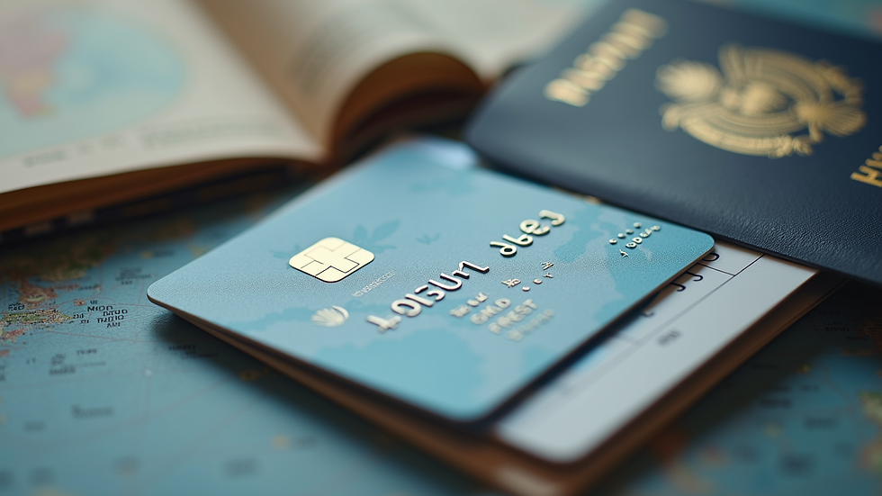 Close-up view of a credit card with travel-related items like a passport and boarding pass