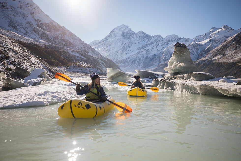 Pack-rafters Exploring Icebergs in Mount Cook National Park