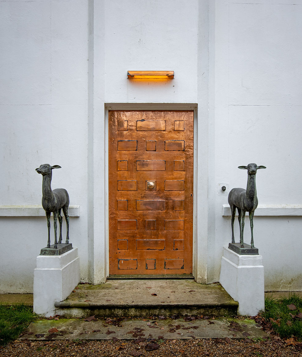 Joldwynds front door. 1930s iconic art deco house by modernist architect Oliver Hill. Near London. Available for film location, photo shoots, events, weddings, corporate and exclusive hire. Photo by Emine Mete
