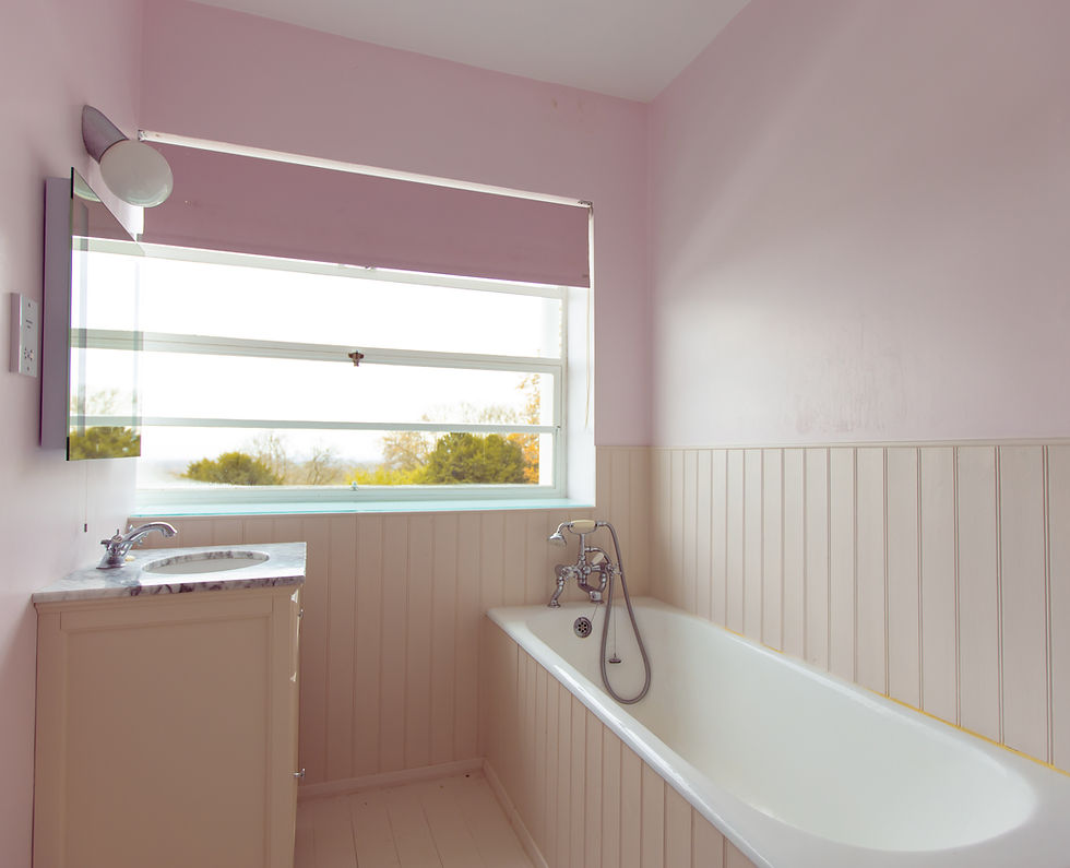 Francine's room ensuite bathroom. Joldwynds is a 1930s art deco house by modernist architect Oliver Hill. Grade II listed building near London available for exclusive hire | film location | photo shoots | escapes | workshops | corporate team building | weddings | retreats | staycations. Photo by Dot By Line