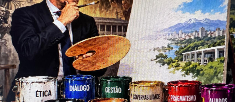 Ilustração de Sergio Moro em fato formal, segurando um pincel e uma paleta de pintura diante de um quadro do Palácio Iguaçu, com latas de tinta no chão rotuladas com conceitos políticos como Ética, Diálogo, Gestão e Pragmatismo.