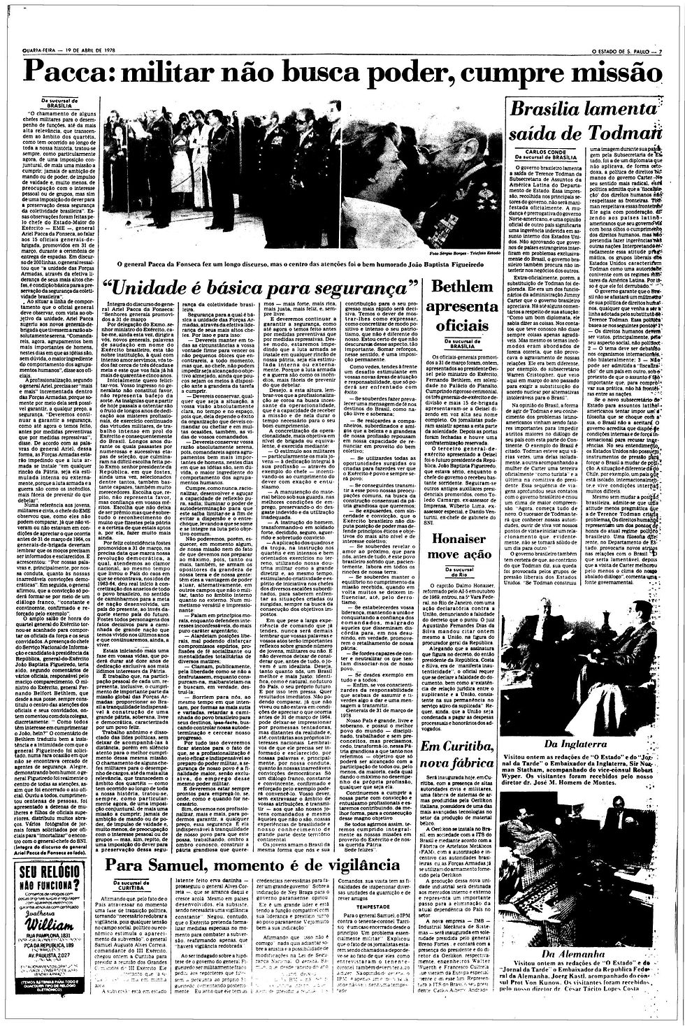 Página 7 da edição de 19 de abril de 1978 do jornal O Estado de S. Paulo, destacando o pronunciamento do General Pacca.