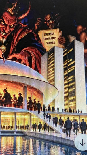 Ilustração satírica com figuras demoníacas debruçadas sobre o Palácio do Congresso Nacional em Brasília, segurando papéis com inscrições sobre emendas, contratos e verbas.