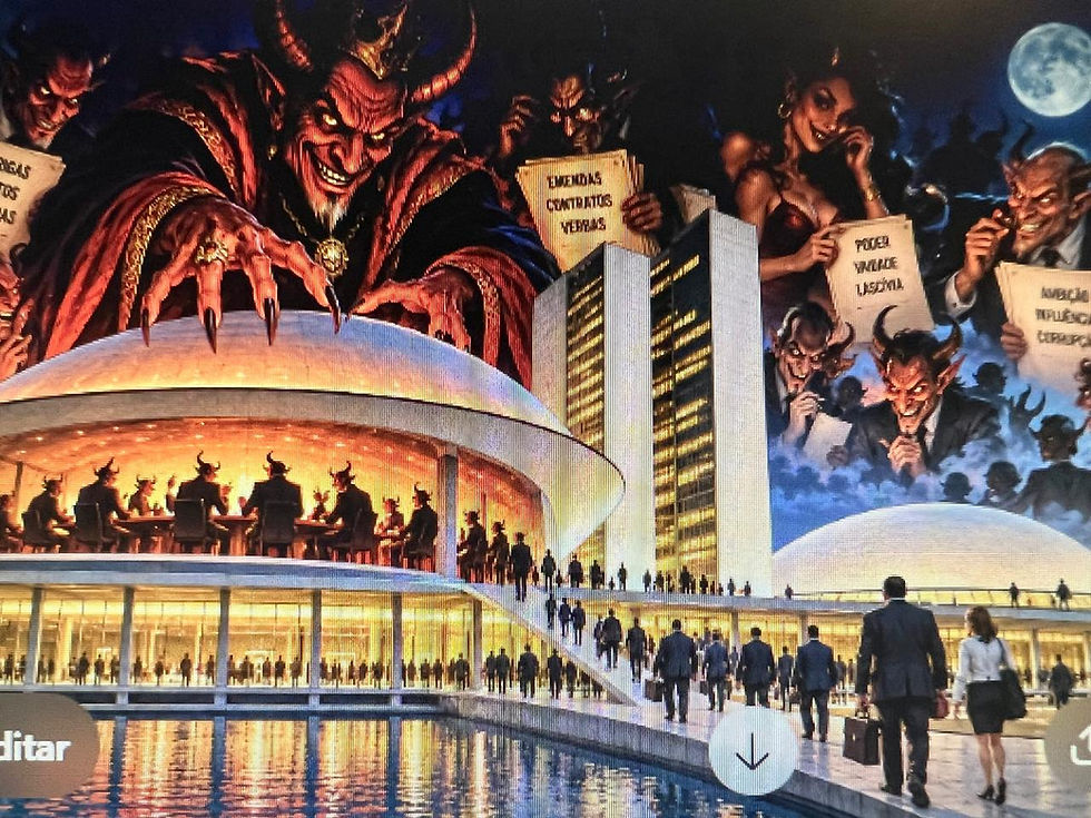 Ilustração satírica com figuras demoníacas debruçadas sobre o Palácio do Congresso Nacional em Brasília, segurando papéis com inscrições sobre emendas, contratos e verbas.