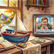 Ilustração em aquarela de um escritório antigo. Em primeiro plano, uma mesa de madeira com um barco de brinquedo, um livro intitulado 'O Jogo do Poder', notas de dinheiro e caixas de fósforo. Ao fundo, uma televisão de tubo exibe um homem chorando com a legenda 'Por favor, votem em mim! Candidato Thibau - TV Itacolomi (1974)'. Pela janela, vê-se um iate decorado na água e um prédio moderno ao fundo.
