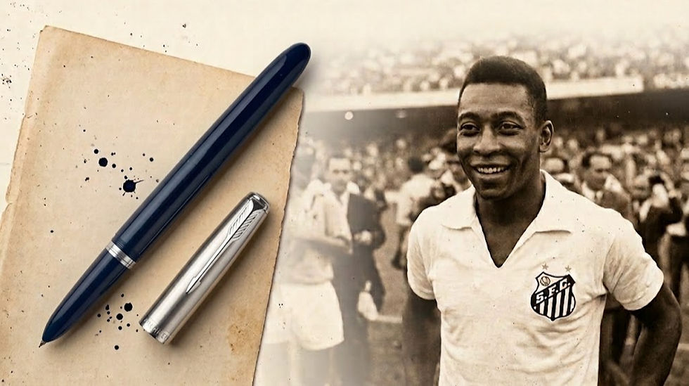 Montagem em tom sépia com o jovem Pelé sorrindo com a camisa do Santos FC em 1958 ao lado de uma caneta-tinteiro clássica Parker 51 azul marinho com detalhes prateados sobre papel envelhecido.