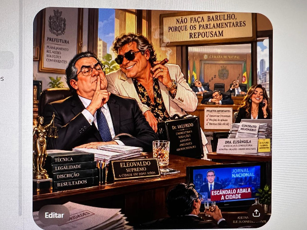 Ilustração satírica em estilo pintura digital mostrando o gabinete da autoridade pública Eleovaldo. Em primeiro plano, um homem de terno sisudo faz sinal de silêncio com o indicador nos lábios diante de uma mesa de despacho com livros de direito, uísque e uma placa com seu nome. Atrás dele, um agiota de óculos escuros fuma charuto com sorriso predatório. Ao fundo, vereadores dormem no plenário da Câmara Municipal sob uma placa que diz "Não faça barulho, porque os parlamentares repousam", enquanto uma advogada atende ao telefone e uma televisão noticia um escândalo político.