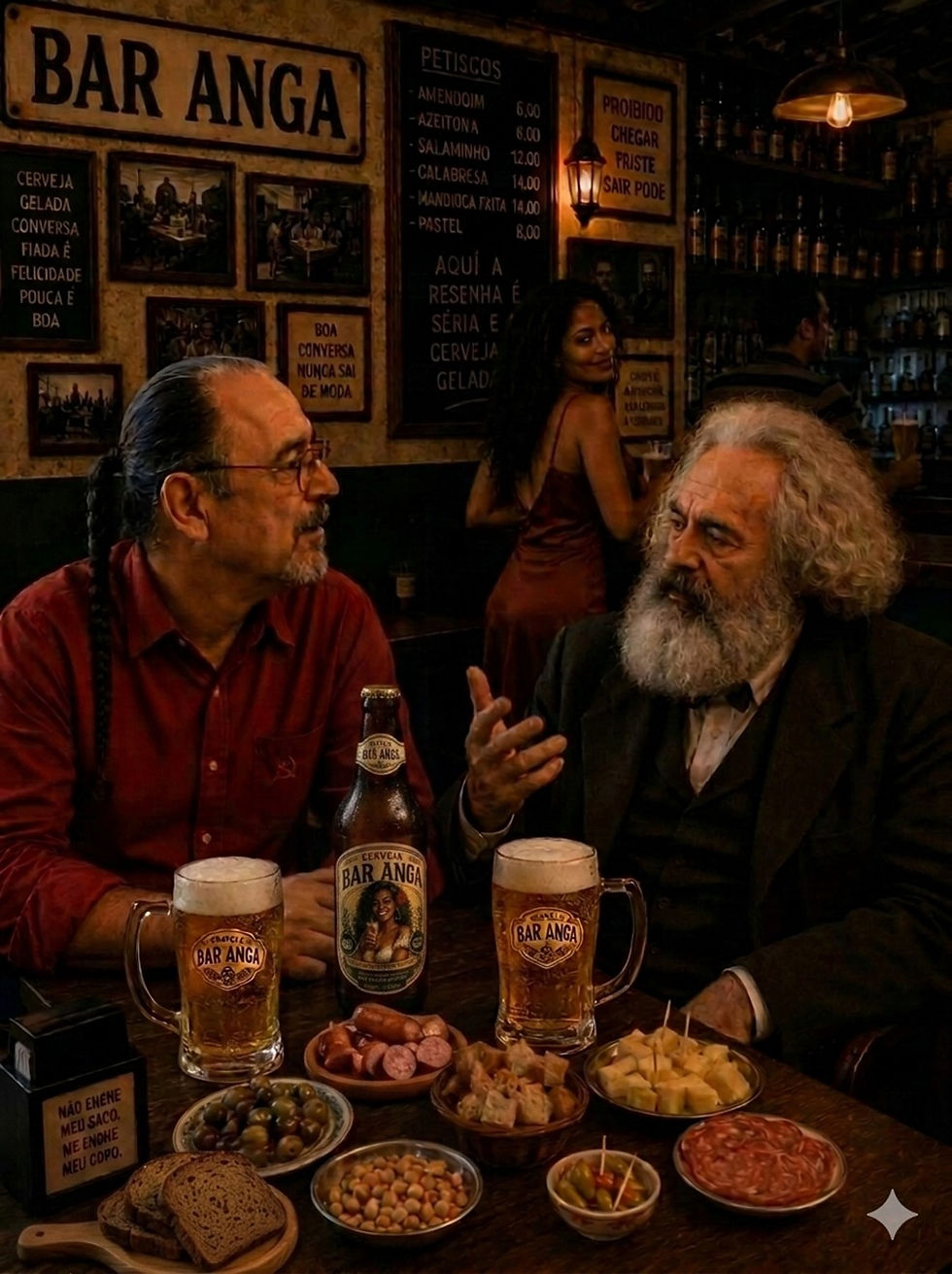 O autor Marinho Bastos e Karl Marx sentados a uma mesa de madeira no Bar Anga, cercados por canecas de chope e porções de petiscos, conversando animadamente em um ambiente boêmio acolhedor.