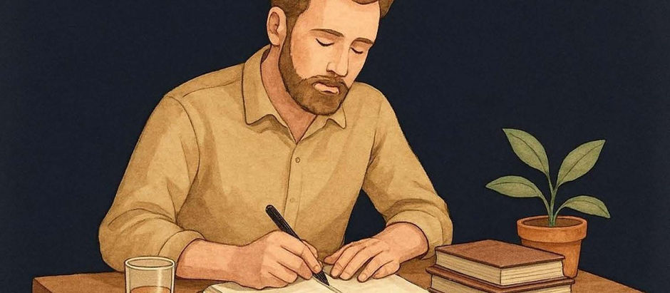 Ilustração em fundo escuro de um homem escrevendo à caneta em um caderno aberto sobre a mesa, ao lado de um copo e uma pequena planta.