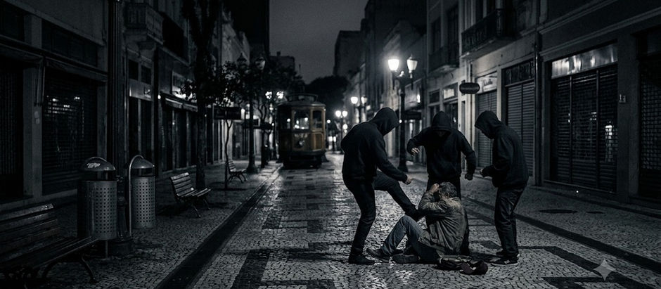 Ilustração digital soturna da Rua XV de Novembro em Curitiba à noite, mostrando o calçadão de petit-pavé, o histórico Bondinho ao fundo e homens brigando sob a iluminação de postes urbanos.