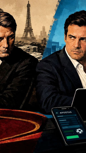 Ilustração artística dividida em duas metades: à esquerda, Le Chiffre em mesa de cassino clássico na Europa; à direita, homem de terno em frente a telas digitais com valores em reais e apostas esportivas.