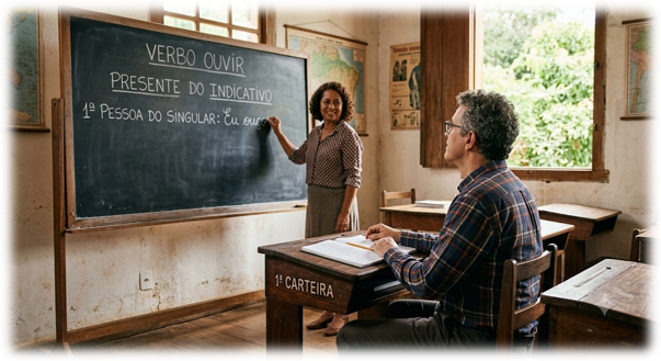 Ilustração satírica mostrando uma professora ensinando a conjugação do verbo ouvir no quadro negro para um aluno na primeira carteira.