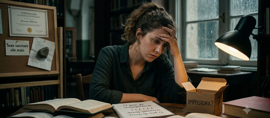 Mulher exausta em escritório escuro, entre livros e caderno, sob lâmpada; caixa IMPOSTORA? e aviso Seus sucessos são reais.