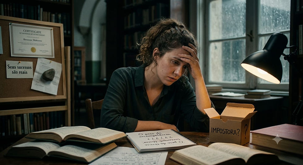 Mulher exausta em escritório escuro, entre livros e caderno, sob lâmpada; caixa IMPOSTORA? e aviso Seus sucessos são reais.