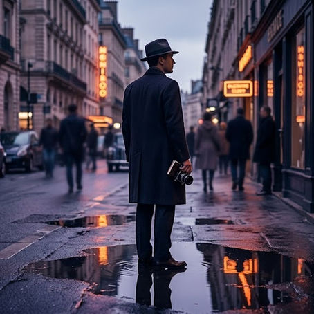 Fotografia de uma rua urbana molhada pela chuva ao anoitecer, com iluminação de néon e o reflexo e a silhueta de um homem observando a cidade moderna.