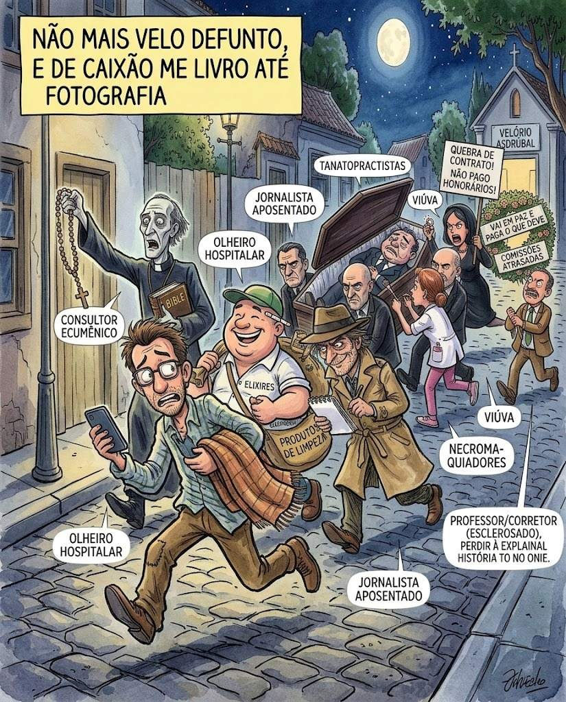 Ilustração em estilo cartum satírico mostrando um homem correndo apavorado por uma rua de paralelepípedos à noite, sendo perseguido por uma procissão fúnebre bizarra formada por padres, viúva furiosa, necromaquiadores e cúmplices carregando um caixão aberto.
