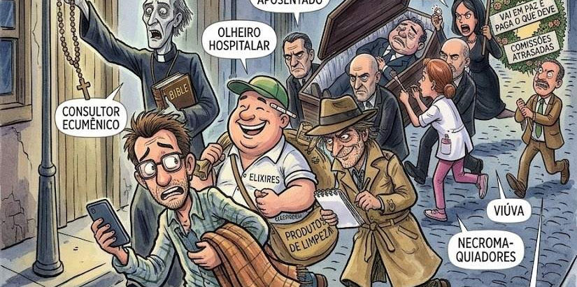 Ilustração em estilo cartum satírico mostrando um homem correndo apavorado por uma rua de paralelepípedos à noite, sendo perseguido por uma procissão fúnebre bizarra formada por padres, viúva furiosa, necromaquiadores e cúmplices carregando um caixão aberto.