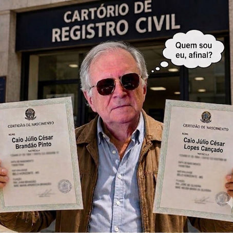 otografia digital mostrando um homem idoso de cabelos grisalhos e óculos escuros, vestindo uma jaqueta marrom, posicionado em frente ao letreiro "Cartório de Registro Civil". Ele segura duas certidões de nascimento: uma em nome de Caio Júlio César Brandão Pinto e outra em nome de Caio Júlio César Lopes Cançado. Um balão de pensamento sai de sua cabeça com a frase "Quem sou eu, afinal?".