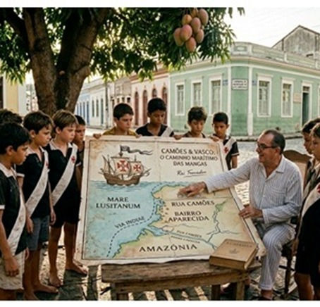Ilustração digital mostrando um homem sentado em uma cadeira sob uma mangueira mostrando um mapa para crianças, com elementos culturais de Manaus e Portugal.