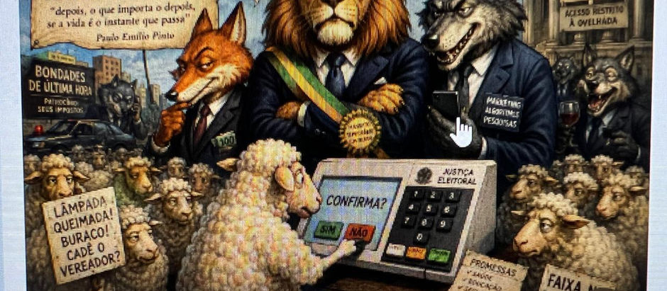 Ilustração satírica com um leão de faixa presidencial, uma raposa e lobos de fato e gravata atrás de uma urna eletrónica, enquanto um rebanho de ovelhas vota com cartazes de protesto.