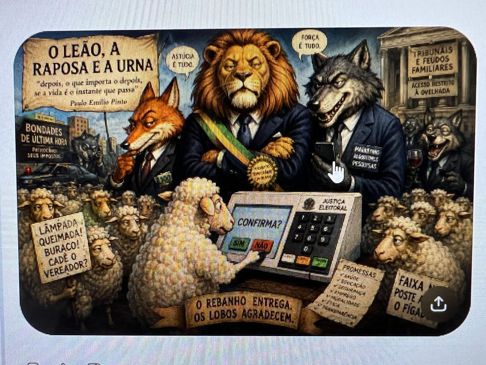 Ilustração satírica com um leão de faixa presidencial, uma raposa e lobos de fato e gravata atrás de uma urna eletrónica, enquanto um rebanho de ovelhas vota com cartazes de protesto.