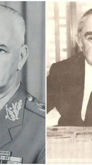 Montagem gráfica em preto e branco dividida ao meio. À esquerda, o general Ariel Pacca, fardado, à direita, o jornalista Carlos Castello Branco.
