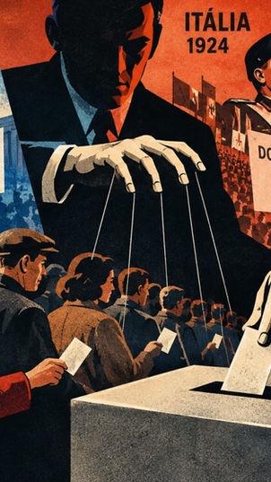 Ilustração editorial de cidadãos a votar numa urna, manipulados por fios de marioneta, sob retratos históricos de Napoleão III (França, 1851), Benito Mussolini (Itália, 1924) e Adolf Hitler (Alemanha, 1933).