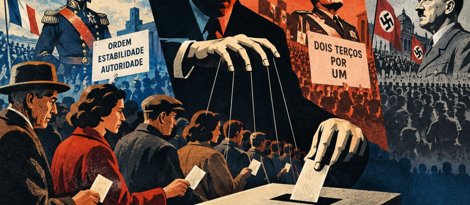Ilustração editorial de cidadãos a votar numa urna, manipulados por fios de marioneta, sob retratos históricos de Napoleão III (França, 1851), Benito Mussolini (Itália, 1924) e Adolf Hitler (Alemanha, 1933).