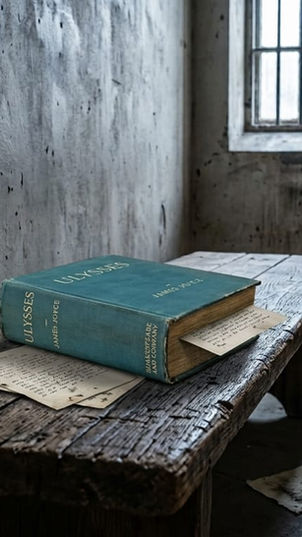 Fotografia realista do interior de uma cela de prisão antiga e desgastada, com paredes de concreto cinza descascadas e pichadas. No centro, sobre um banco de madeira rústica e comprida, destaca-se um livro grosso com capa azul-celeste onde se lê o título "ULYSSES" de James Joyce. Ao lado e sob o livro, há folhas de papel envelhecidas. Ao fundo, vê-se uma janela pequena com grades de ferro, uma beliche de metal simplória e um vaso sanitário antigo. A iluminação é dramática, vinda da janela.