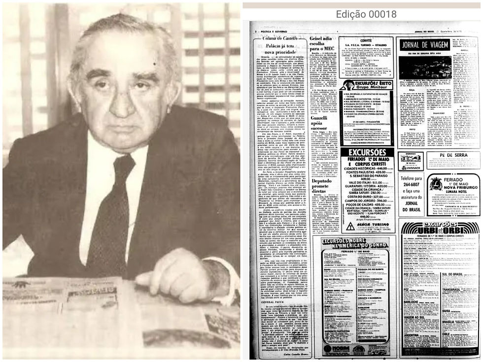 À esquerda, o jornalista Carlos Castello Branco, o "Castelinho"; à direita, a reprodução de sua icônica coluna no Jornal do Brasil contendo os debates mencionados no texto.