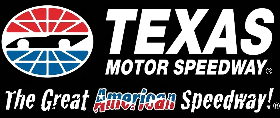 Graphic logo design featuring the text "TEXAS MOTOR SPEEDWAY" in bold white lettering against a black background. Includes a stylized "Great American Speedway" tag with a distressed red, white, and blue flag texture.