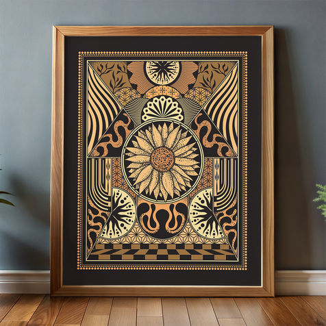 geometric art print in a wooden frame set up against a wall