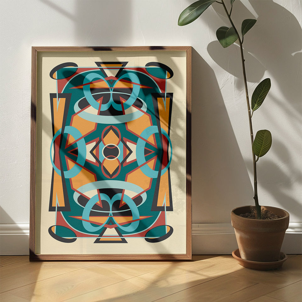 Abstract geometric poster set in a wooden frame leaning against a wall with a plant next to it