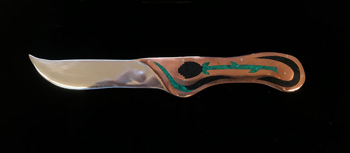 Handmade letter opener made of Silver, copper,  belgian malachite, black marble