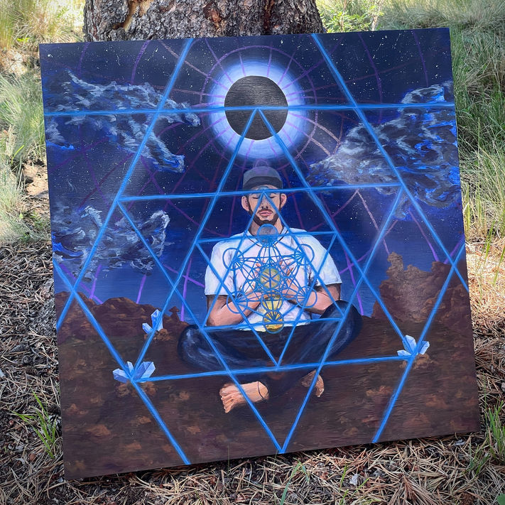 Visionary acrylic painting of a man meditating in a field surrounded by crystals