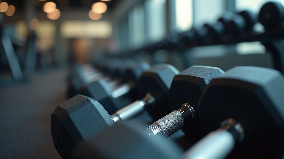 Close-up view of gym equipment with weights and dumbbells