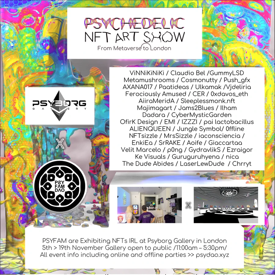Jams2blues was selected among a group of extremely talented psychedelic artists for a group exhibition in the Psybord Gallery in London. This is a social media flyer made by the DAO Jams2blues is a member of for the Psyfam community of psychedelic artists.