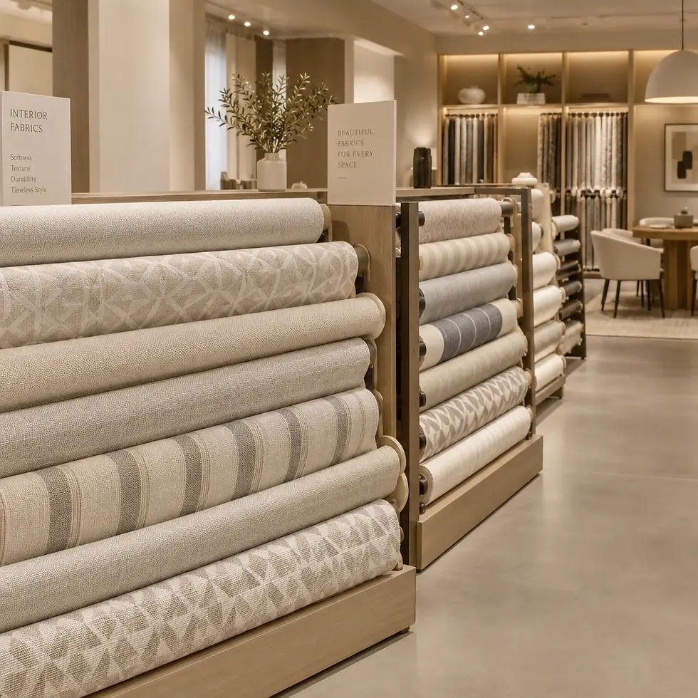 Studio photography of fabric rolls organized on shelving in a showroom. Natural light creates a clean, sophisticated atmosphere in this textiles store.