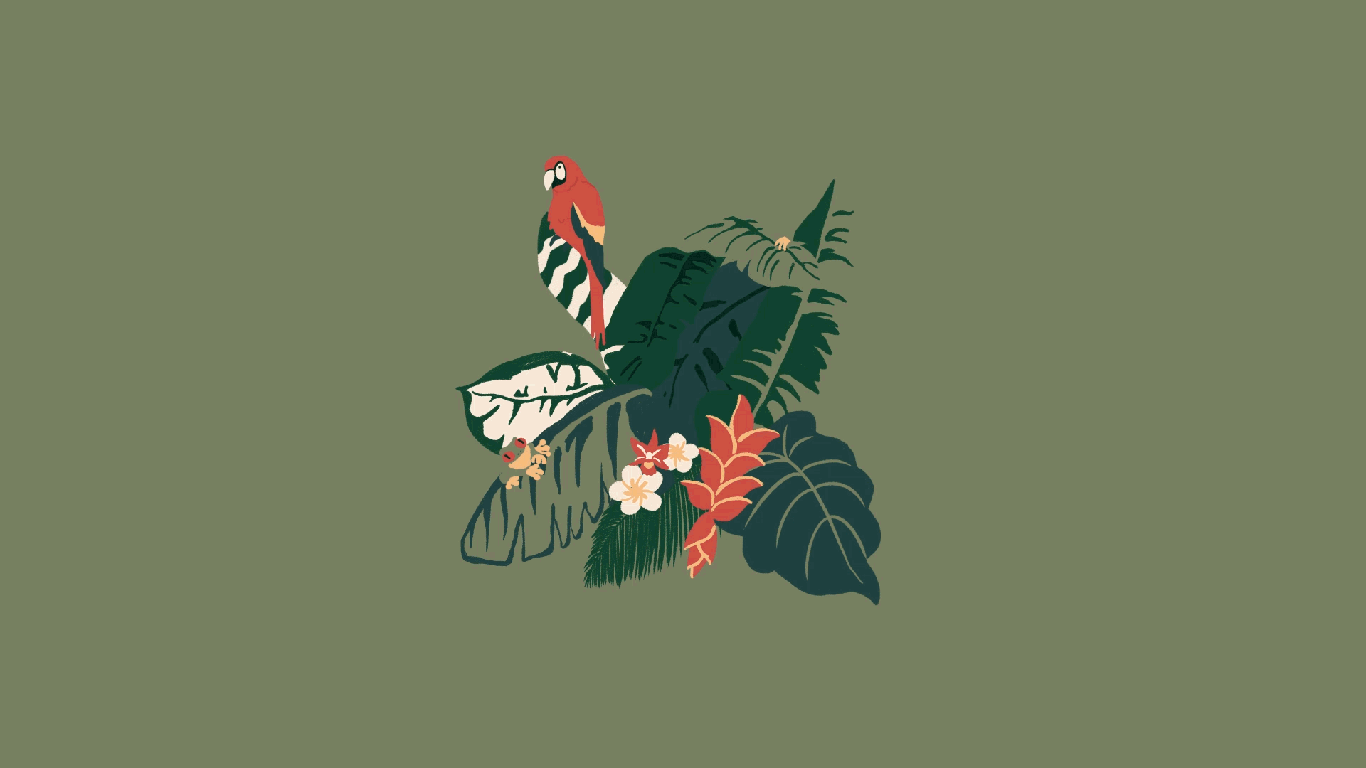 illustration and traditional animation of birds, frog and monkey with typical tropical rainforest plants